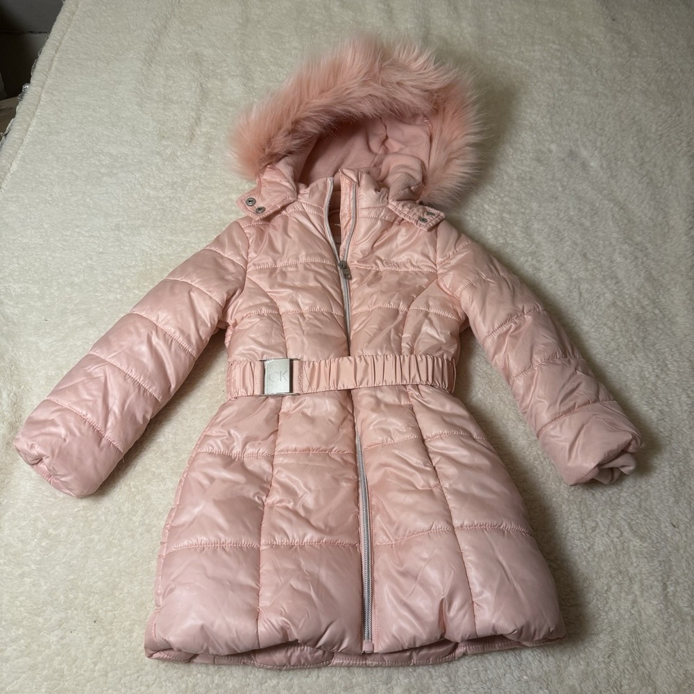 Calvin Klein Jeans Girls Size 4 Silver Pink Puffer Coat Faux Fur Hood NWT